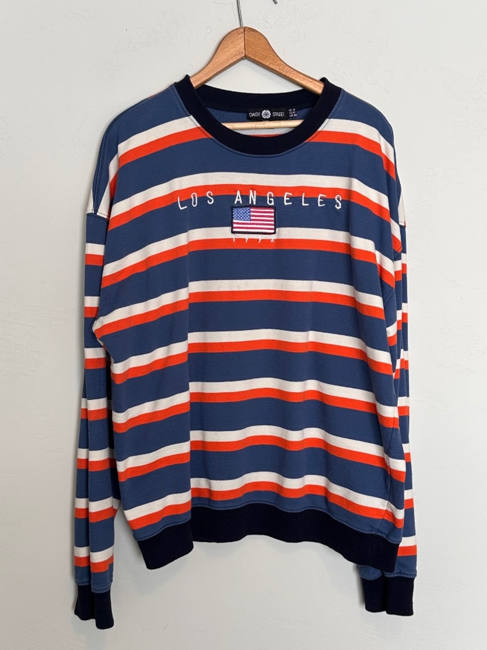 Daisy Street Los Angeles Striped Graphic Sweatshirt Orange White Blue | Size M
